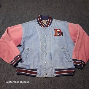 Vintage BUM Equipment Denim 2 Tone Jean Jacket Size Medium Blue Red Varsity